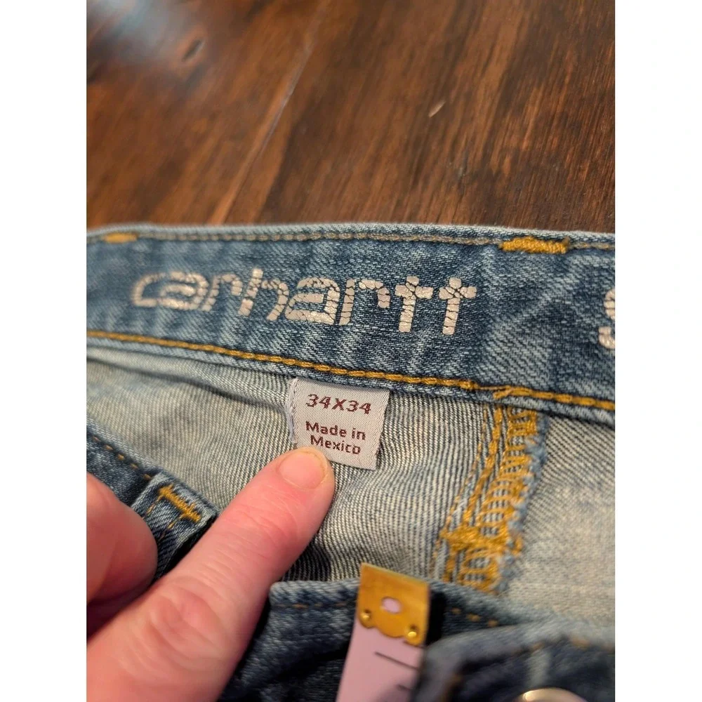 Carhartt Jeans Mens 34x34 Blue Rugged Flex Straight Leg Stretch Denim Paint - Picture 5 of 16